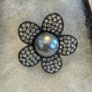 Vintage Smoky Pearl and Rhinestone Gunmetal Adjustable Cocktail Ring